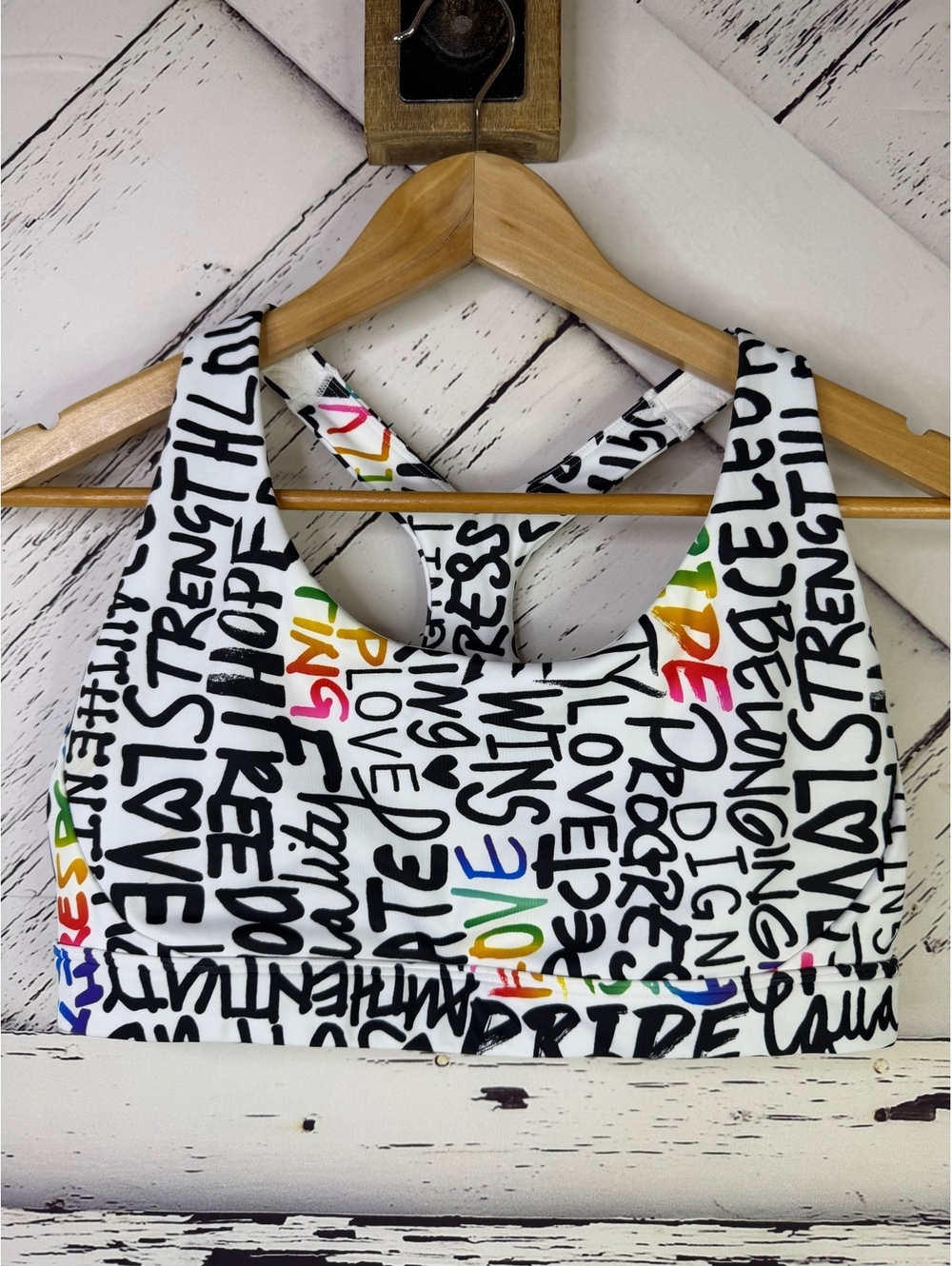 Athleta Ultimate Pride Sports Bra Cross Racerback Multicolor Print Women LG